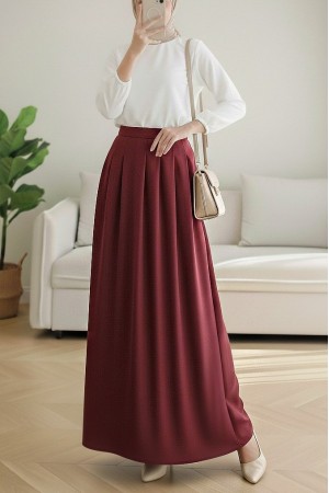 Fermuarlı Cepli Pliseli Krep Etek -Bordo