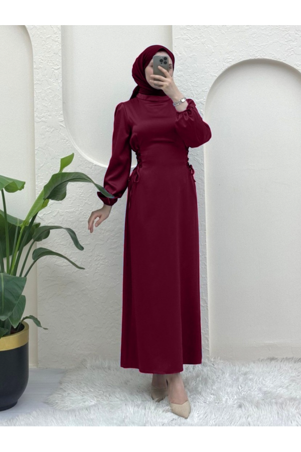 Satin Dress with Tie-Up Sides and Elastic Sleeves -Maroon