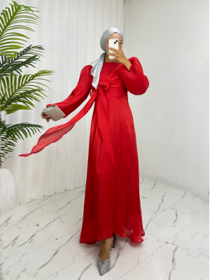 Önden Çapraz Bağlama Detaylı Janjan Kumaş Elbise -Kırmızı