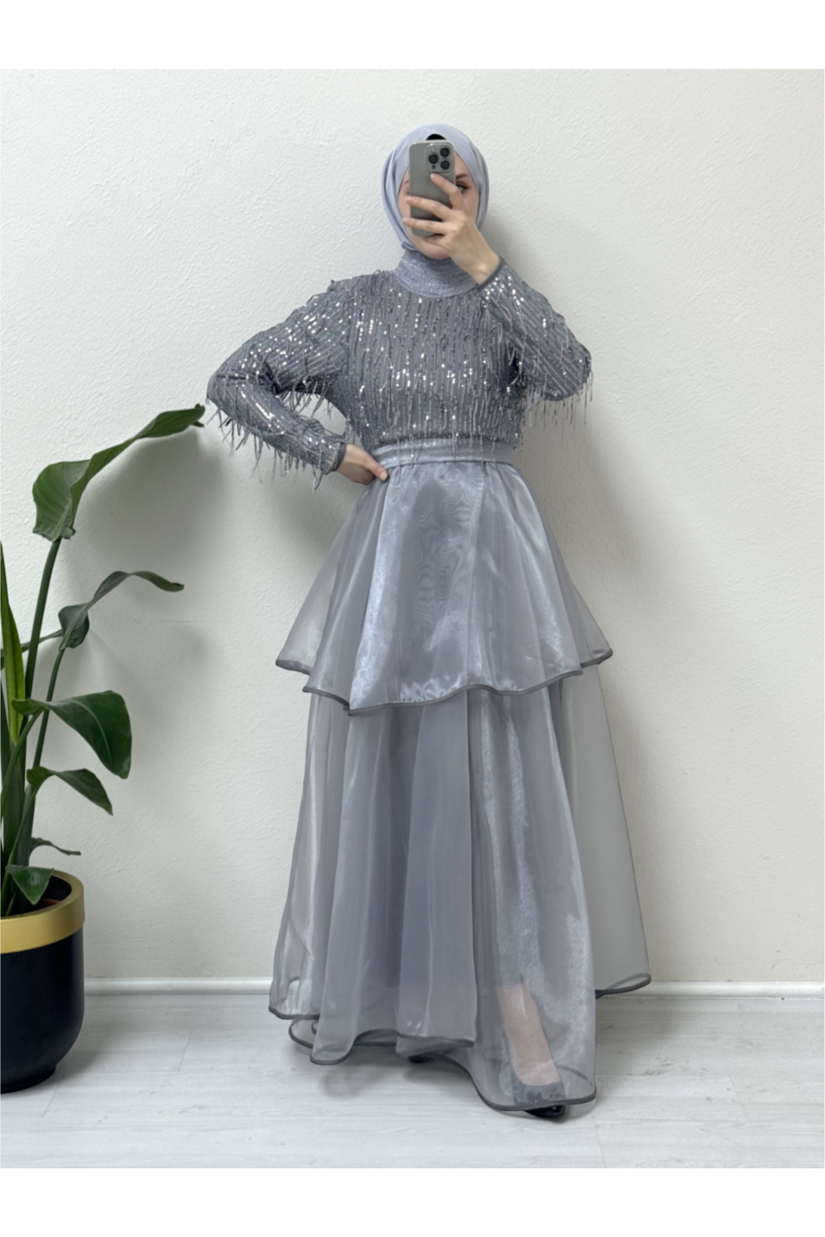 Belted Sequined Tulle Evening Dress with Elastic Collar  -Grey