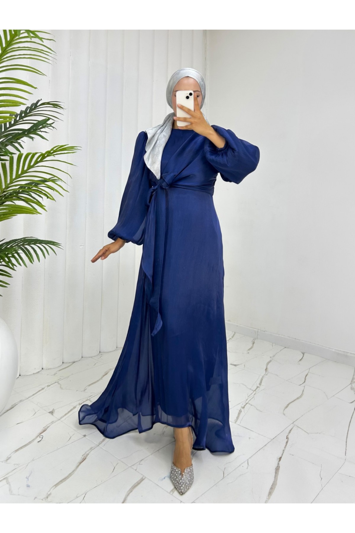 Janjan Fabric Dress with Cross Front Tie Detail -Navy blue