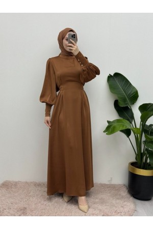 Uzun Manşetli Belden Bağlamalı Saten Balon Kol Elbise   -Taba