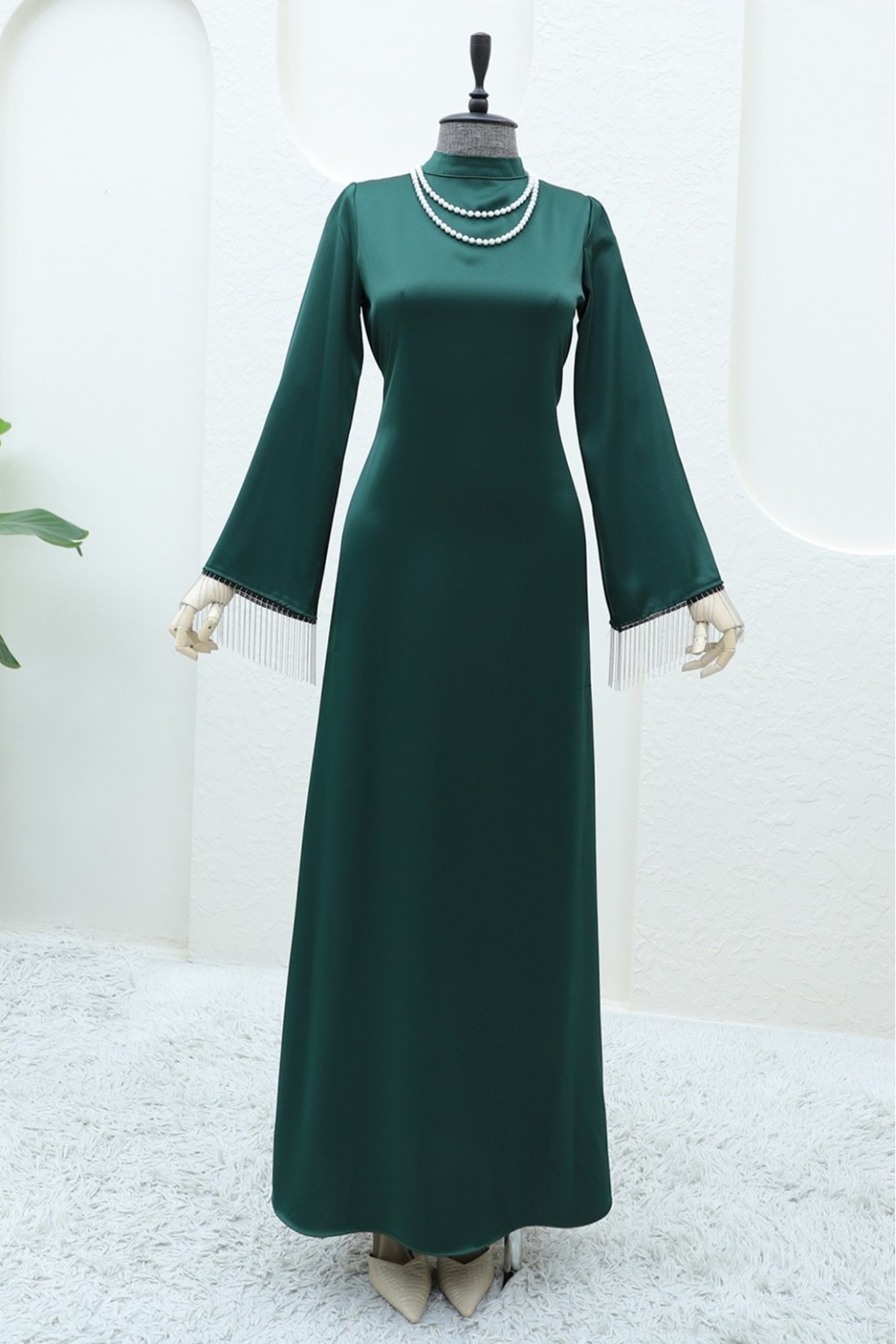 Back Lace Sleeve Cuff Chain Detailed Dress -Emerald