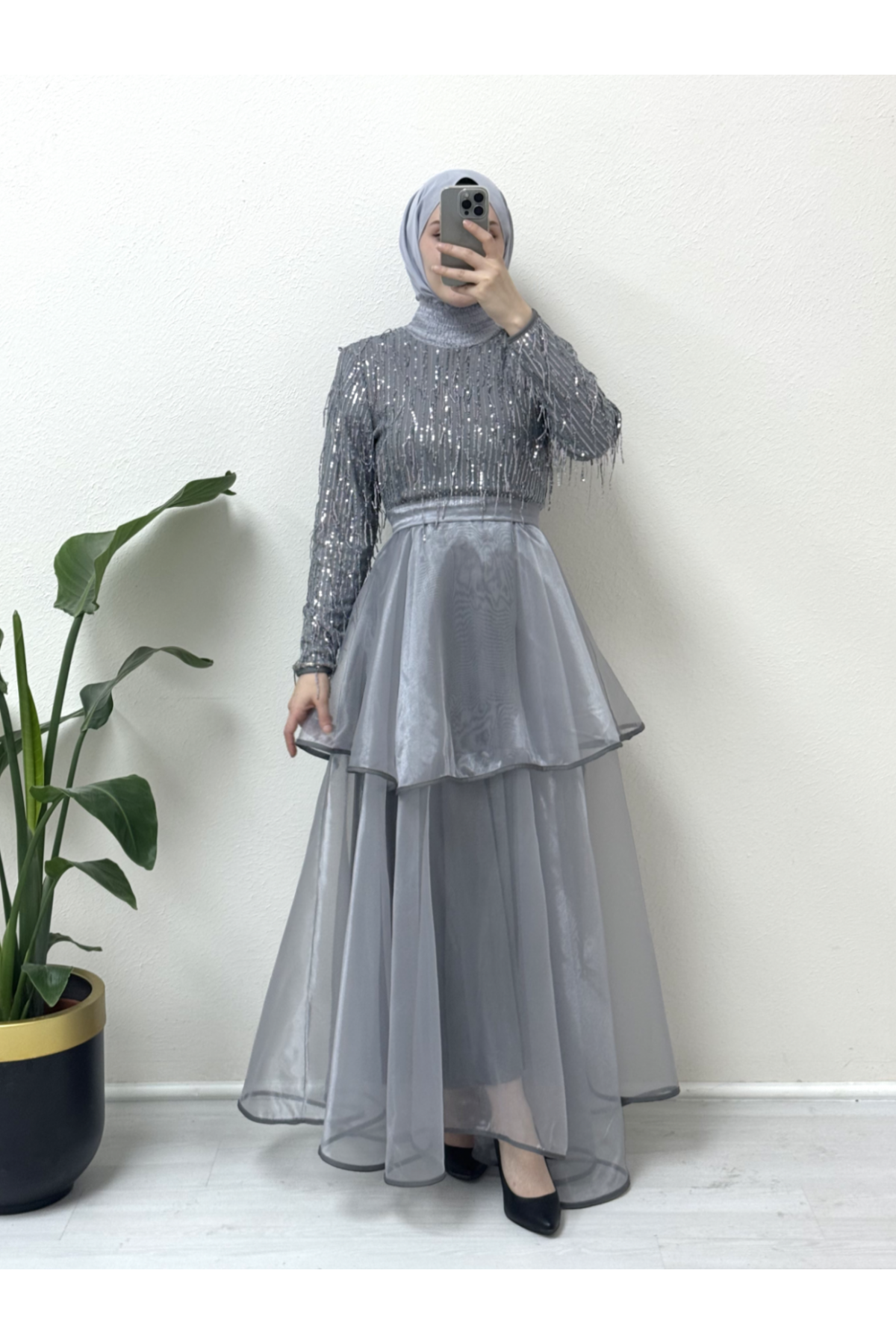 Belted Sequined Tulle Evening Dress with Elastic Collar  -Grey