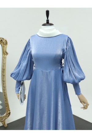 Yanları Bağlamalı Balon Kol Jakarlı Abiye -Bebe Mavi