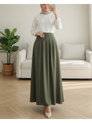 Pleated Crepe Skirt with Zippered Pockets -Khaki