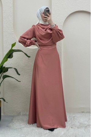 Döküm Yaka Bileği Bağcık Detaylı Abiye -Pudra
