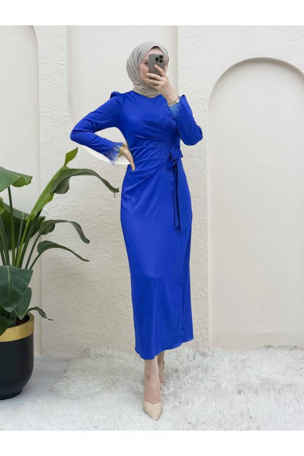 Satin Evening Dress with Feathered Sleeves and Side Tie -Saxe 