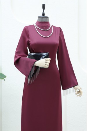 Arkası Bağcıklı Kol Manşeti Zincir Detaylı Elbise -Mürdüm