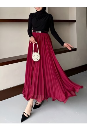 تنورة شيفون مطوية مع حزام   -بوردو
