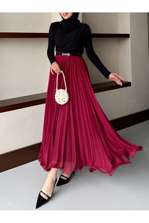 Belted Flounce Pleated Chiffon Skirt   -Maroon