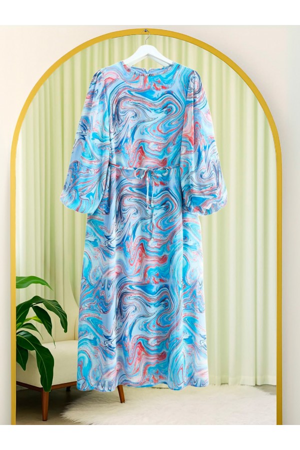Batik Baskılı Astarlı Şifon Elbise -Mavi