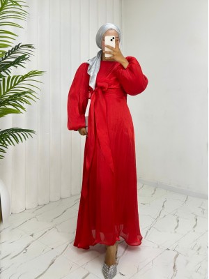 Önden Çapraz Bağlama Detaylı Janjan Kumaş Elbise -Kırmızı