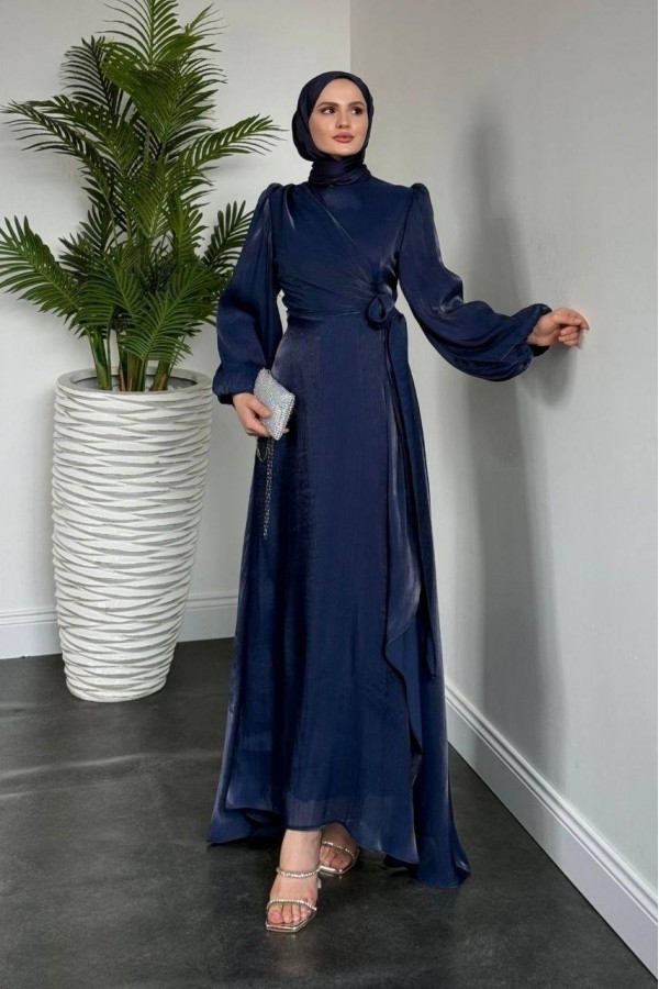 Janjan Fabric Dress with Cross Front Tie Detail -Navy blue