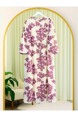 Batik Baskılı Astarlı Şifon Elbise  -Mor