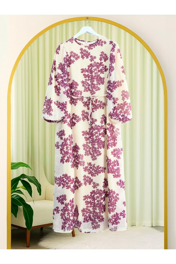 Batik Baskılı Astarlı Şifon Elbise  -Mor