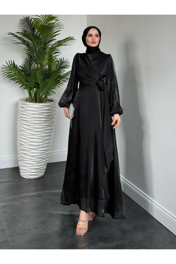 Janjan Fabric Dress with Cross Front Tie Detail -Black