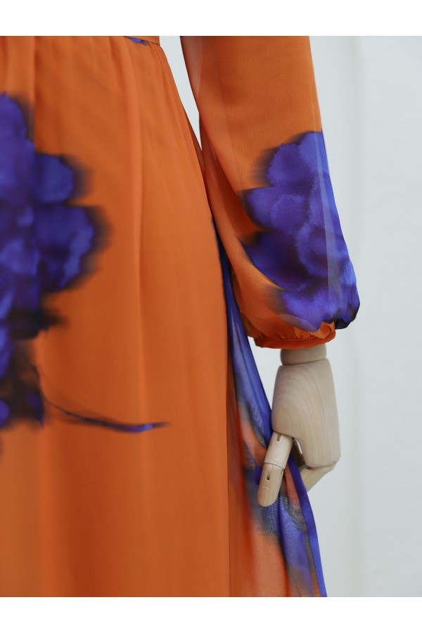 Elastic Waist Lace Up Lined Chiffon Dress -Orange