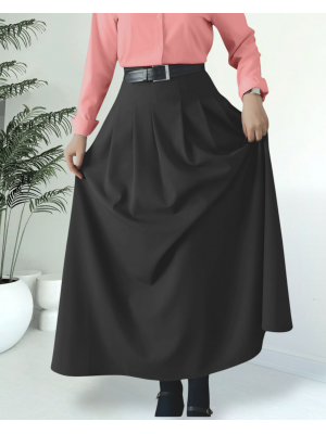 Pleated Pocketed Flared Skirt -Black