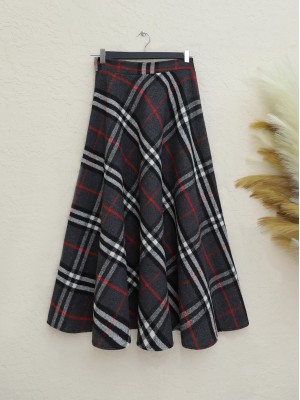 Fermuarlı Çizgi Desenli Kaşe Etek -Antrasit