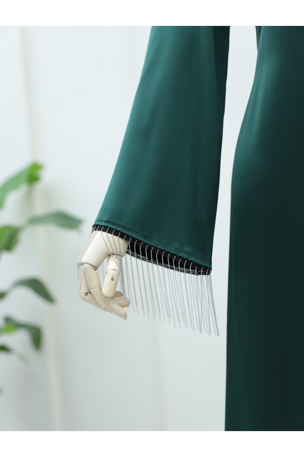 Back Lace Sleeve Cuff Chain Detailed Dress -Emerald