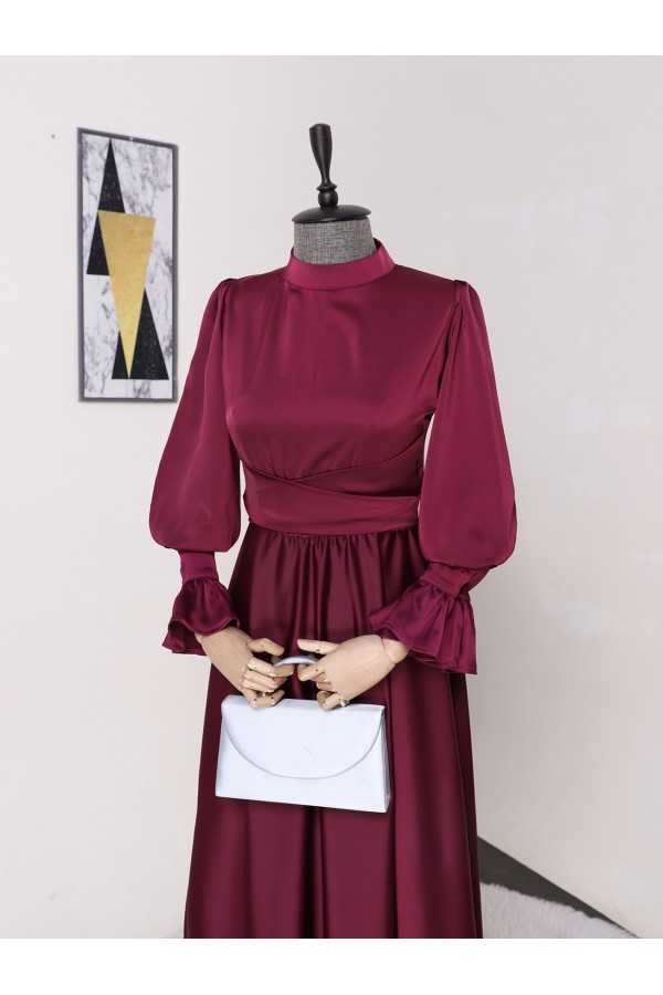 Satin Dress with Cross Tie Waist -Damson