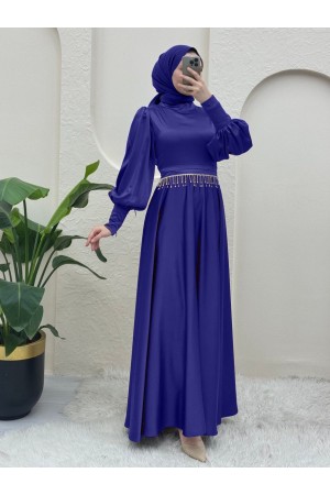 Kol Manşeti Fermuarlı Taşlı Kemerli Saten Abiye -Saks