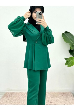 Side Pleated Single Button Balloon Sleeve Double Suit  -Emerald