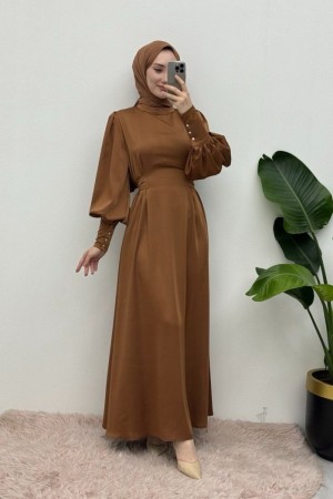 Uzun Manşetli Belden Bağlamalı Saten Balon Kol Elbise   -Taba