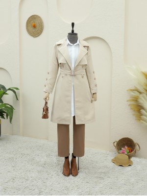 İç Astarlı Düğmeli Kemerli Trençkot  -Taş