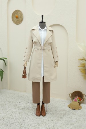 İç Astarlı Düğmeli Kemerli Trençkot  -Taş