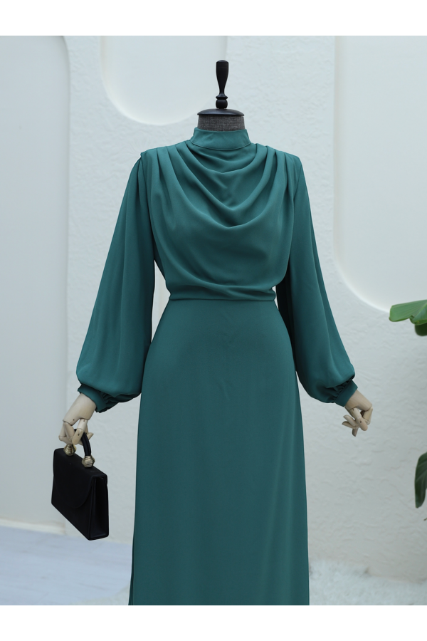 Shoulder Pleated Stand Collar Crepe Dress -Mint Color