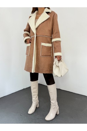 Tek Düğmeli İçi Kürklü Süet Kaban -Taba