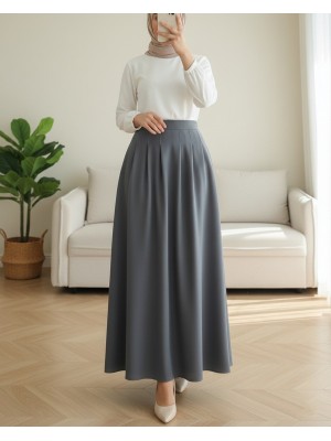 Fermuarlı Cepli Pliseli Krep Etek -Gri
