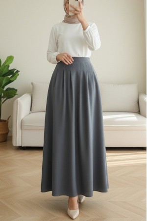 Fermuarlı Cepli Pliseli Krep Etek -Gri