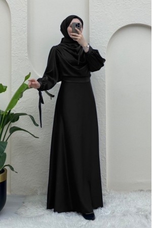 Döküm Yaka Bileği Bağcık Detaylı Abiye -Siyah