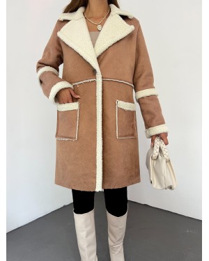 Single Button Fur Lined Suede Coat -Snuff