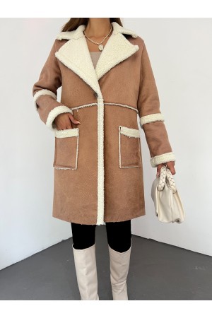 Tek Düğmeli İçi Kürklü Süet Kaban -Taba