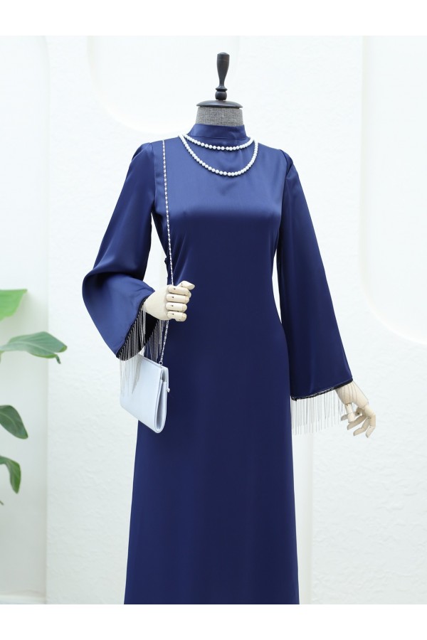 Back Lace Sleeve Cuff Chain Detailed Dress -Navy blue