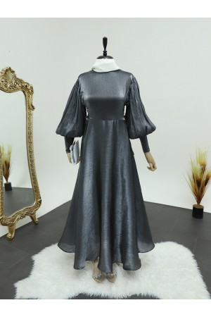 Yanları Bağlamalı Balon Kol Jakarlı Abiye -Antrasit