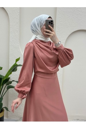 Döküm Yaka Bileği Bağcık Detaylı Abiye -Pudra