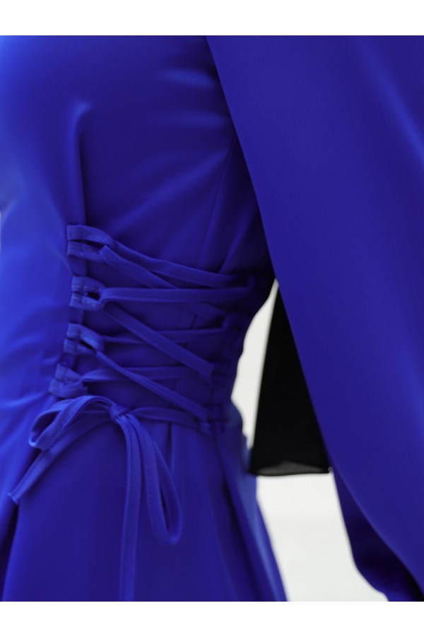 Satin Dress with Tie-Up Sides and Elastic Sleeves -Saxe 