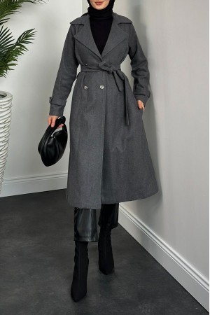 Kruvaze Yaka Düğmeli Kaşe Kap -Füme