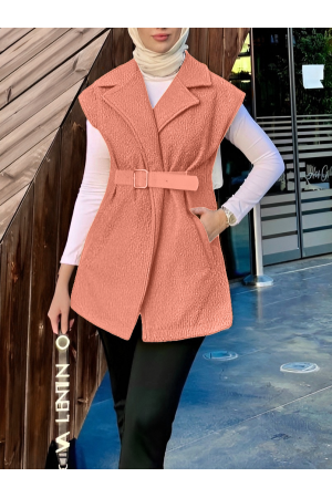 Kemer Detaylı Cepli Buklet Yelek -Somon