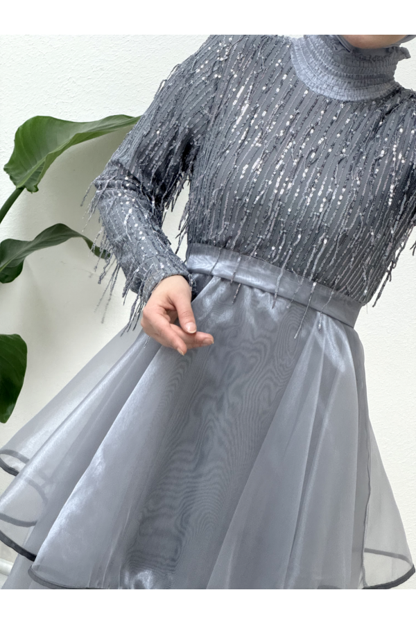 Belted Sequined Tulle Evening Dress with Elastic Collar  -Grey