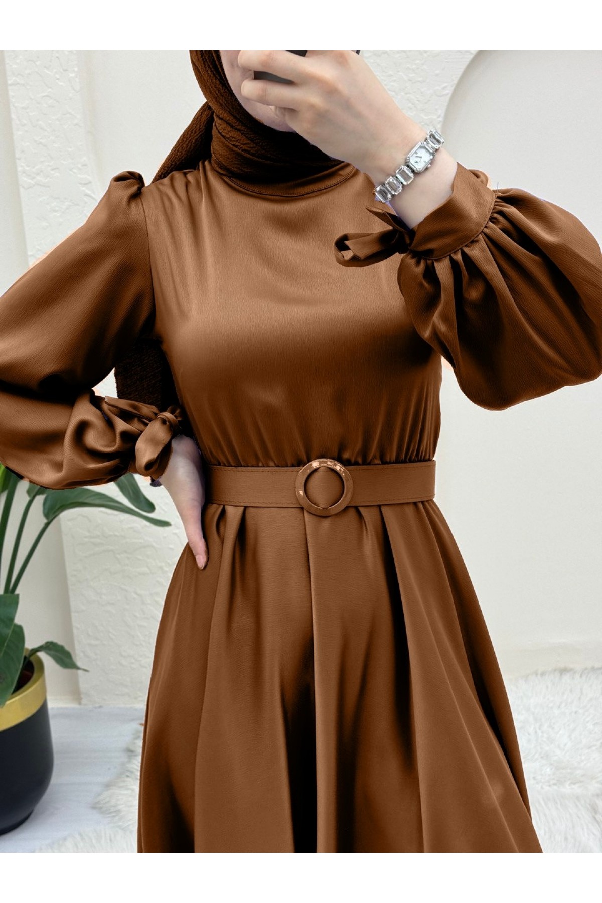 Satin Evening Dress with Elastic Waist Belt and Tied Sleeves -Snuff