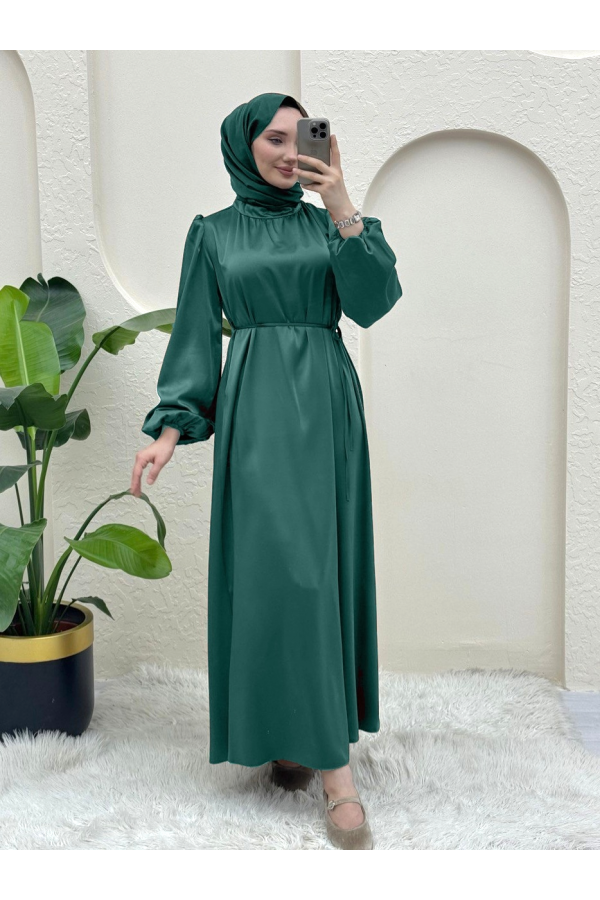 Satin Evening Dress with Elasticated Waist and Sleeves  -Mint Color