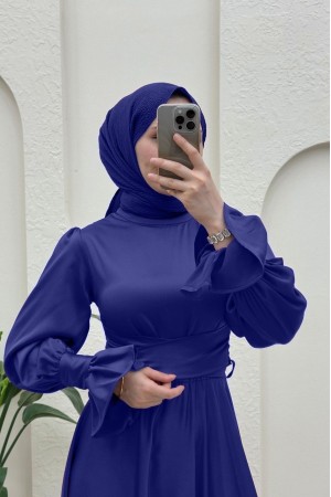 Beli Çapraz Bağlamalı Saten Abiye  -Saks
