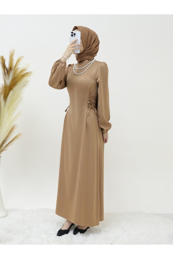 Satin Dress with Tie-Up Sides and Elastic Sleeves -Mink color