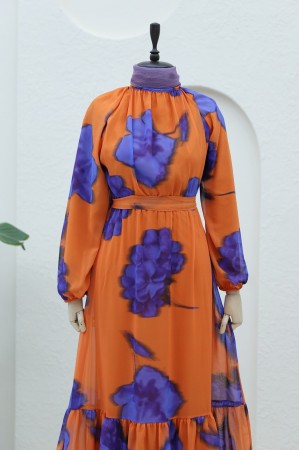 Beli Lastikli Bağcıklı Astarlı Şifon Elbise -Turuncu